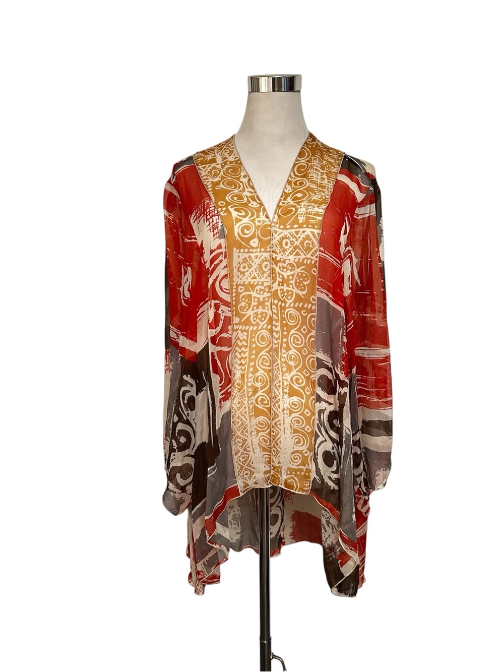 Silk Chiffon Abstract Print Open Front Kimono Top 1X